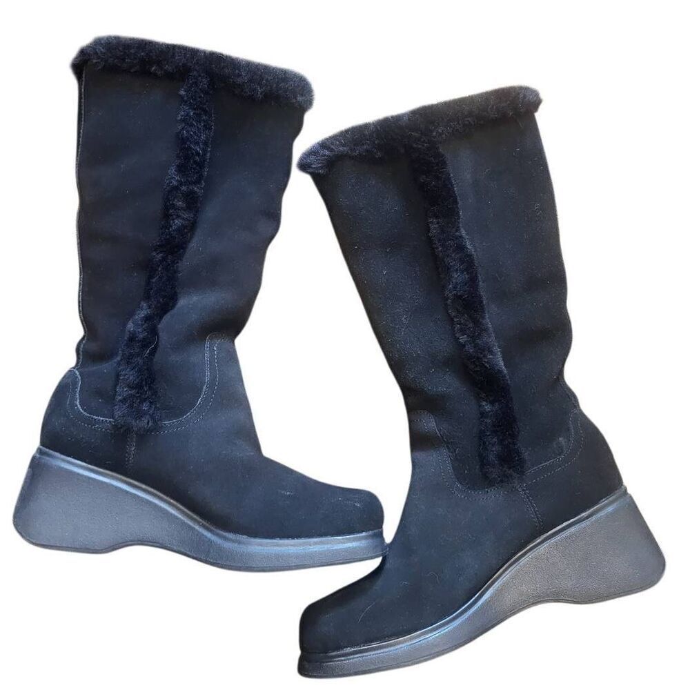 Vintage Y2K Bongo Boots Women's 8 Black Suede Leather Wedge Faux Fur Trim